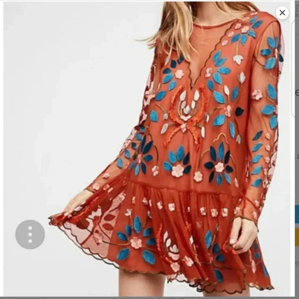 FREE PEOPLE HEARTS ARE WILD MINI EMBROIDERED DRESS RUST SMALL BOHO FESTIVAL - Picture 1 of 14